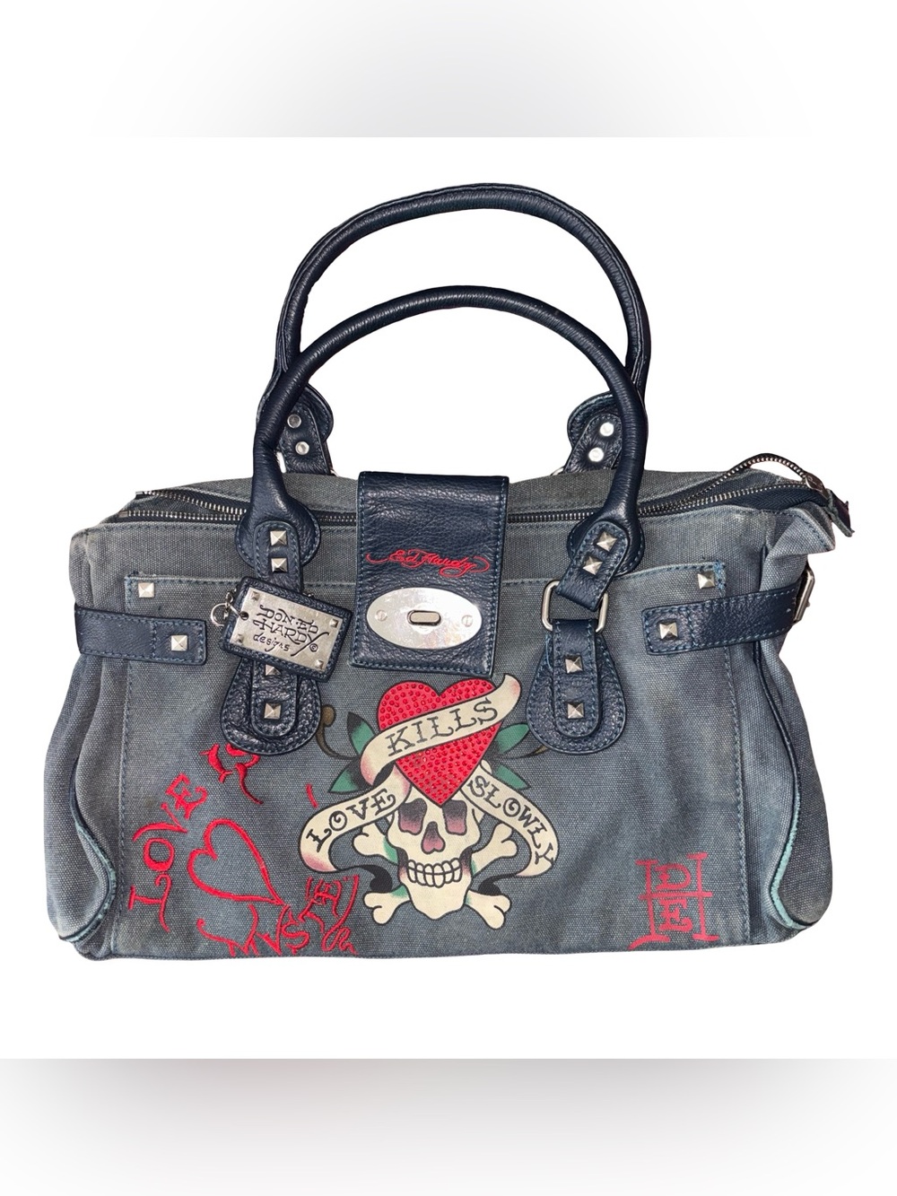 Vintage Ed Hardy Purse Bag Distress Studded Blue Denim Tattoo *Flaws*